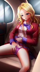 Rule 34 | 1girl, bare legs, blonde hair, blush, bow, bowtie, car interior, clothes lift, collared shirt, doukyuusei another world, dress shirt, female masturbation, game cg, jacket, kakyuusei, lifted by self, long hair, long sleeves, looking down, masturbation, miniskirt, open clothes, open jacket, panties, parted lips, pleated skirt, purple bow, purple bowtie, purple panties, red eyes, red jacket, red skirt, school uniform, shindou reiko, shirt, sitting, skirt, skirt lift, solo, underwear, white shirt, wing collar