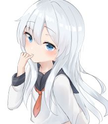 Rule 34 | 1girl, black sailor collar, blue eyes, blush, closed mouth, finger to mouth, hair between eyes, hibiki (kancolle), highres, kantai collection, neckerchief, red neckerchief, sailor collar, shirt, silver hair, simple background, solo, tachibana (x quick), upper body, wavy mouth, white background, white shirt