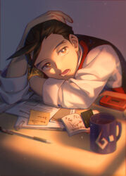 Rule 34 | 1boy, ace attorney, antenna hair, apollo justice, bracelet, brown eyes, brown hair, cellphone, collared shirt, cup, desk, gradient background, hi-fi (fijazzy), highres, jewelry, light rays, male focus, mug, notebook, open mouth, paperclip, pen, phone, red vest, saliva, shirt, short hair, simple background, sleepy, sleeves rolled up, solo, sticky note, sunbeam, sunlight, translation request, v-shaped eyebrows, vest, white shirt