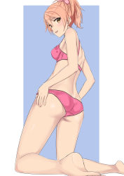 Rule 34 | 1girl, :p, absurdres, adjusting clothes, adjusting panties, ass, back, barefoot, blue background, bow, bra, breasts, closed mouth, commentary, crotch seam, foreshortening, from behind, hair bow, hands on own hips, highres, idolmaster, idolmaster cinderella girls, jougasaki mika, k-ya., kneeling, lace, lace-trimmed bra, lace-trimmed panties, lace trim, legs, lips, looking at viewer, looking back, outside border, panties, pink bow, pink bra, pink hair, pink panties, short hair, short ponytail, small breasts, smile, solo, tongue, tongue out, underwear, yellow eyes