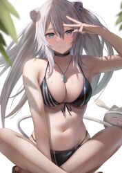 Rule 34 | 1girl, absurdres, animal ear piercing, animal ears, arm up, bikini, black bikini, blurry, breasts, closed mouth, commentary request, crossed ankles, dog tags, grey eyes, grey hair, highres, hololive, indian style, large breasts, leaf, lion ears, lion girl, looking at viewer, navel, partial commentary, sandals, shishiro botan, sitting, smile, solo focus, ssrb (shishiro botan), stomach, swimsuit, tail, tataki worker, virtual youtuber, w, wet