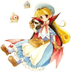 Rule 34 | 1girl, apron, bag, blonde hair, blue hat, bow, cape, curly hair, dress, gloves, goggles, goggles on head, hat, long hair, lowres, marivel armitage, mitsuharu nene, pointy ears, red eyes, ribbon, smile, solo, source request, sunglasses, vampire, wild arms, wild arms 2