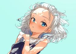 Rule 34 | 1girl, blue background, blue dress, blue eyes, blue hair, blush, collarbone, dress, forehead, gawr gura, gawr gura (casual), highres, hololive, hololive english, looking at viewer, lucasyecla99, lying, medium hair, multicolored hair, official alternate costume, on back, pinafore dress, shirt, simple background, sleeveless, sleeveless dress, solo, streaked hair, virtual youtuber, white hair, white shirt