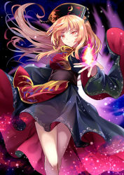 1girl, bangs, black dress, black headwear, blonde hair, breasts, closed mouth, commentary request, dark background, dress, e.o., feet out of frame, fire, floating hair, headdress, highres, junko (touhou), large breasts, light particles, long hair, looking at viewer, pyrokinesis, red eyes, ribbon, sash, simple background, smile, solo, standing, tabard, tassel, touhou, v-shaped eyebrows, very long hair, wide sleeves, yellow neckwear, yellow ribbon