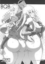 Rule 34 | 2girls, alleyne (queen&#039;s blade), alleyne (queen's blade), arm grab, armor, ass, blush, bottomless, braid, breasts, echidna (queen&#039;s blade), echidna (queen's blade), elbow gloves, elf, fighting master alleyne, gloves, greyscale, highres, hiratsura masaru, huge ass, huge breasts, long hair, midriff, monochrome, multicolored hair, multiple girls, pointy ears, ponytail, queen&#039;s blade, side braid, sideboob, smile, thick thighs, thighs, two-tone hair, veteran mercenary echidna
