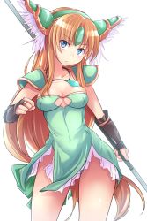 Rule 34 | 1girl, armor, black gloves, blonde hair, blue eyes, breasts, cleavage, closed mouth, commentary, cowboy shot, dress, fingerless gloves, gloves, green dress, head tilt, helmet, holding, holding weapon, jewelry, kitayama miuki, light frown, long hair, looking at viewer, low-tied long hair, medium breasts, necklace, polearm, riesz, seiken densetsu, seiken densetsu 3, short dress, shoulder armor, side slit, simple background, solo, spear, strapless, strapless dress, very long hair, weapon, white background