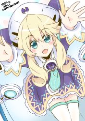 Rule 34 | 10s, 1girl, absurdres, bad id, bad pixiv id, blonde hair, blue eyes, book, hair ornament, hands up, happy new year, hat, highres, histoire, kisaragi (kisaragi0930), looking at viewer, neptune (series), new year, open mouth, outstretched hand, smile, solo, twintails, wings