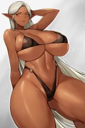 Rule 34 | 1girl, arm behind head, bare shoulders, bikini, black bikini, blush, breasts, cleavage, copyright request, curvy, dark-skinned female, dark skin, grey hair, gurimjang, highres, huge breasts, long hair, looking at viewer, midriff, navel, pointy ears, revealing clothes, simple background, smile, solo, swimsuit, thick thighs, thighs, very long hair, yellow eyes