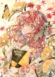 Rule 34 | 1girl, autumn leaves, bow, brown eyes, bug, butterfly, commentary request, flower, hair between eyes, hair bow, hair flower, hair ornament, highres, holding, insect, japanese clothes, kimono, leaf, light blush, looking up, making-of available, maple leaf, medium hair, momiji (hanamaru), painting (medium), parted lips, red hair, sketchbook, solo, standing, striped, striped bow, sunlight, traditional media, twitter username, upper body, watercolor (medium), yukoring