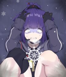 Rule 34 | 1girl, animal ears, arknights, black gloves, cat ears, cat girl, collar, frost, frostbite, gloves, hands in hair, highres, id card, jessica (arknights), knees, panicking, pcaccount13, purple hair, scared, snowflakes, snowing, sweat