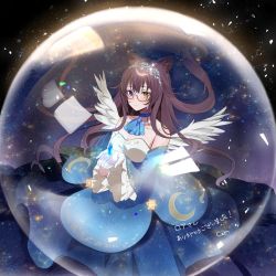Rule 34 | 1girl, angel, angel wings, black hair, blue eyes, blush, chiemo (xcem), commission, dress, galaxy, heterochromia, long hair, looking at viewer, original, skeb commission, sky, small stellated dodecahedron, smile, solo, star (sky), star (symbol), starry sky, very long hair, vrchat, wings, yellow eyes