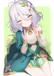 Rule 34 | 1girl, :&gt;, antenna hair, bare shoulders, blush, closed eyes, closed mouth, covered navel, dated, detached sleeves, dress, facing viewer, flower, grey hair, hair between eyes, hair flower, hair ornament, hands up, highres, kokkoro (princess connect!), long sleeves, pink flower, pointy ears, princess connect!, puffy long sleeves, puffy sleeves, see-through, see-through sleeves, signature, sitting, sleeveless, sleeveless dress, smile, solo, umino hotate, white dress
