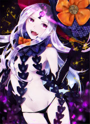 Rule 34 | 1girl, :d, abigail williams (fate), abigail williams (third ascension) (fate), absurdres, assa 2, black bow, black gloves, black hat, black panties, bow, breasts, commentary request, elbow gloves, fangs, fate/grand order, fate (series), gloves, glowing, hat, hat bow, head tilt, highres, key, long hair, looking at viewer, navel, open mouth, orange bow, pale skin, panties, parted bangs, print bow, purple eyes, revealing clothes, skull print, small breasts, smile, solo, star (symbol), star print, topless, underwear, very long hair, white hair, witch hat