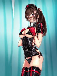 Rule 34 | 1girl, alternate costume, blush, bodysuit, brown eyes, brown hair, commission, corset, flower, gloves, hair flower, hair ornament, heavy breathing, highres, kantai collection, latex, latex bodysuit, long hair, looking at viewer, mask, nurse, parazan d, pixiv commission, ponytail, see-through, skindentation, yamato (kancolle)