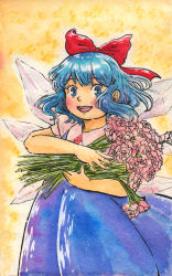 Rule 34 | 1girl, absurdres, blouse, blue dress, blue eyes, blue hair, bow, cirno, cowboy shot, derivative work, dress, fairy, fairy wings, flower, hair bow, highres, holding, holding flower, looking at viewer, medium hair, molokomoko, open mouth, painting (medium), photo-referenced, pinafore dress, pink flower, pink rose, puffy short sleeves, puffy sleeves, red bow, red ribbon, ribbon, rose, shirt, short sleeves, sleeveless dress, smile, solo, standing, tagme, touhou, traditional media, watercolor (medium), wavy hair, white shirt, wings, yellow background