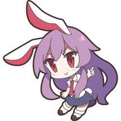 Rule 34 | 1girl, 60mai, :&gt;, animal ears, blue skirt, blush, bow, bowtie, brown footwear, chibi, closed mouth, full body, long hair, looking at viewer, puffy short sleeves, puffy sleeves, purple hair, rabbit ears, rabbit girl, rabbit tail, red bow, red bowtie, red eyes, reisen udongein inaba, shirt, shoes, short sleeves, sidelocks, simple background, skirt, solo, standing, tail, touhou, very long hair, white background, white legwear, white shirt