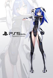Rule 34 | 1girl, absurdres, blue eyes, blue hair, character name, covered navel, crossed arms, game console, highres, i.takashi, jacket, leotard, mecha musume, personification, playstation 5, playstation controller, product girl, skin tight, smile, solo, sony, zoom layer