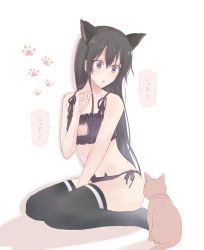 Rule 34 | 10s, 1girl, absurdres, animal, animal ears, bare arms, bare shoulders, black hair, black panties, blue eyes, blush, bra, breasts, cat, cat ears, cat lingerie, hair between eyes, highres, long hair, meme attire, open mouth, panties, ponpon (ponpon62126), red ribbon, ribbon, seiza, sitting, small breasts, solo, thighhighs, translated, underwear, underwear only, yahari ore no seishun lovecome wa machigatteiru., yukinoshita yukino