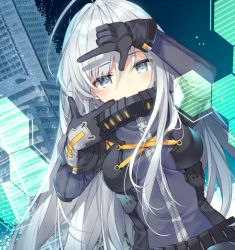 Rule 34 | 1girl, ahoge, black gloves, building, commentary request, finger frame, gloves, grey eyes, grey jacket, half-closed eyes, holographic monitor, jacket, light particles, long hair, long sleeves, mishima kurone, original, silver hair, solo, upper body, zipper