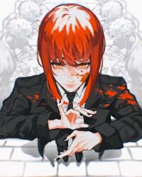 Rule 34 | 1girl, black footwear, black jacket, black nails, black necktie, black pants, blindfold, blood, blood on clothes, blood on face, chainsaw man, collared shirt, formal, highres, jacket, kneeling, kozdoma, looking at viewer, makima (chainsaw man), medium hair, necktie, pants, red hair, ringed eyes, shirt, shirt tucked in, simple background, smile, solo focus, suit, suit jacket, white background, white shirt, yellow eyes