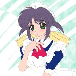 Rule 34 | 1girl, andou mahoro, apron, ascot, blush, bow, finger to mouth, green eyes, looking at viewer, mahoromatic, maid, maid apron, maid headdress, purple hair, solo, upper body