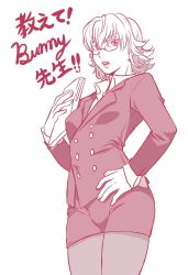 Rule 34 | 10s, 1girl, barnaby brooks jr., chinjuu hibakichi, formal, gender request, genderswap, glasses, hand on own hip, highres, hip focus, jacket, monochrome, office lady, pantyhose, pencil skirt, short hair, skirt, skirt suit, solo, suit, tiger &amp; bunny, translation request