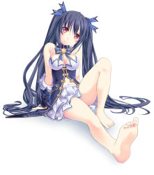 Rule 34 | 10s, 1girl, bare legs, bare shoulders, barefoot, blue hair, blush, breasts, cleavage, detached sleeves, feet, full body, hair ornament, hair ribbon, large breasts, legs, long hair, minagi, navel, neptune (series), noire (neptunia), red eyes, ribbon, shadow, simple background, sitting, skirt, smile, soles, solo, toes, twintails, very long hair, white background