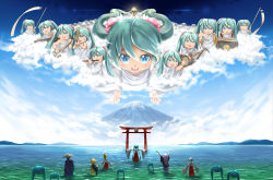 Rule 34 | 2boys, 6+girls, anniversary, aqua eyes, aqua hair, arms up, artist name, backlighting, banner, bare shoulders, blonde hair, blue hair, blue kimono, blue robe, bow, brown hair, clone, cloud, commentary, cymbals, day, detached sleeves, dizi, drum, drumsticks, floating, flute, from behind, hair bow, hakama, hakama skirt, hatsune miku, highres, instrument, instrument request, japanese clothes, kagamine len, kagamine rin, kaito (vocaloid), kimono, lolita majin, long hair, looking at viewer, lute (instrument), megurine luka, meiko (vocaloid), miko, mikudayoo, monk, mount fuji, mountainous horizon, multiple boys, multiple girls, multiple persona, ocean, open mouth, outdoors, outstretched arms, own hands together, pink hair, praying, red skirt, robe, scenery, shinto, shirt, shiteyan&#039;yo, short hair, skirt, sleeveless, sleeveless shirt, smile, spiked hair, statue, t-pose, toga, torii, transverse flute, twintails, very long hair, very wide shot, vocaloid, wading, white bow, white shirt, white sleeves, wide sleeves