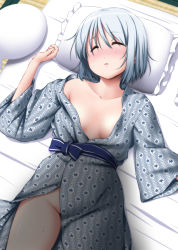 Rule 34 | 1girl, blush, breasts, breasts apart, closed eyes, collarbone, commentary request, frilled pillow, frills, from above, futon, groin, highres, hitodama, japanese clothes, kimono, konpaku youmu, konpaku youmu (ghost), long sleeves, lying, naked kimono, no bra, no panties, nori tamago, on back, parted lips, patterned clothing, pillow, short hair, silver hair, sleeping, small breasts, solo, sweat, touhou, wide sleeves