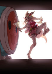 Rule 34 | 1girl, :d, animal ears, backlighting, bangs pinned back, barefoot, crossed arms, drum, drumming, fox ears, fox tail, full body, highres, hololive, instrument, leg up, motion blur, omaru polka, omaru polka (new year), open mouth, sketch, smile, solo, standing, standing on one leg, taiko drum, taiko sticks, tail, virtual youtuber, yami ara