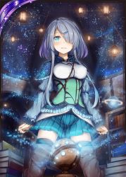 Rule 34 | 1girl, akkijin, blue eyes, book, boots, card (medium), hair ornament, high heel boots, high heels, lamp, library, lolita fashion, looking at viewer, one eye covered, orbit, planet, projector, shinkai no valkyrie, silver hair, solo, star (symbol), thighhighs