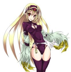 Rule 34 | 1girl, blonde hair, claws, duel monster, elf, korican, leotard, long hair, mist valley shaman, pointy ears, red eyes, solo, thighhighs, tongue, white background, yu-gi-oh!