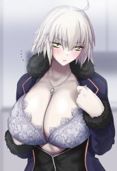 Rule 34 | 1girl, ahoge, bad id, bad pixiv id, black dress, blue bra, blue jacket, bra, breasts, breasts out, cleavage, coat, dress, fate/grand order, fate (series), full-length zipper, fur-trimmed coat, fur-trimmed jacket, fur-trimmed sleeves, fur trim, gachou, highres, huge breasts, jacket, jeanne d&#039;arc (fate), jeanne d&#039;arc alter (fate), jeanne d&#039;arc alter (ver. shinjuku 1999) (fate), jewelry, looking at viewer, necklace, official alternate costume, open clothes, open coat, open jacket, partially unzipped, short hair, silver hair, solo, underwear, upper body, wicked dragon witch ver. shinjuku 1999, yellow eyes, zipper