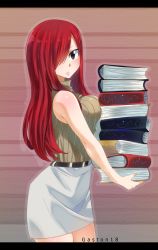 Rule 34 | 1girl, absurdres, artist name, bare shoulders, belt, belt buckle, blush, book, breasts, brown eyes, buckle, cowboy shot, erza scarlet, fairy tail, gaston18, hair over one eye, highres, holding, holding book, large breasts, long hair, looking at viewer, red hair, skirt, sleeveless, solo, standing, watermark