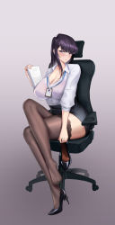 Rule 34 | 1girl, absurdres, aged up, black footwear, black skirt, blush, bra visible through clothes, breasts, brown thighhighs, chair, che dapao, cleavage, collared shirt, crossed legs, earrings, full body, furrowed brow, gradient background, high heels, highres, holding, holding paper, holding shoes, id card, jewelry, komi-san wa komyushou desu, komi shouko, lace, lace-trimmed legwear, lace trim, lanyard, large breasts, legs, long hair, long sleeves, looking at viewer, miniskirt, mole, mole on breast, office chair, office lady, paper, paper stack, parted lips, pencil skirt, pumps, purple eyes, purple hair, raised eyebrows, see-through, see-through shirt, shirt, shirt tucked in, shoes, single shoe, skirt, sleeves rolled up, soles, solo, stiletto heels, straight hair, sweat, swivel chair, thick thighs, thighhighs, thighs, white shirt