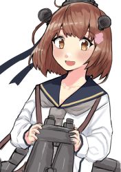 Rule 34 | 1girl, anchor symbol, binoculars, black sailor collar, brown eyes, brown hair, cherry blossoms, commentary request, dokuganryuu, dress, flower, grey neckerchief, hair flower, hair ornament, headset, highres, kantai collection, neckerchief, one-hour drawing challenge, sailor collar, sailor dress, short hair, simple background, smile, solo, speaking tube headset, upper body, white background, yukikaze (kancolle)