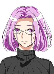 Rule 34 | 1girl, alternate hairstyle, fate (series), forehead, glasses, highres, medusa (fate), medusa (rider) (fate), pink hair, portrait, purple eyes, short hair, solo, tomotomow00w, white background