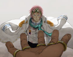 Rule 34 | 2boys, blood, bruise, coat, coat on shoulders, dark-skinned male, dark skin, floating clothes, frown, glasses, hand focus, headband, highres, injury, jewelry, koby (one piece), looking at viewer, male focus, marshall d. teach, mocchi (mkz), multiple boys, multiple rings, one piece, open hand, pink hair, pov, pov hands, ring, sanpaku, short hair, solo focus