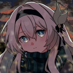 Rule 34 | 1girl, black hairband, black ribbon, blue eyes, blue pupils, blurry, blurry foreground, blush, bow, close-up, closed mouth, cloud, cloudy sky, dot nose, firefly (honkai: star rail), green scarf, grey hair, hair between eyes, hair bow, hair intakes, hair ribbon, hairband, highres, honkai: star rail, honkai (series), long hair, looking at viewer, night, outdoors, portrait, ribbon, scarf, sidelocks, sky, smile, solo, striped clothes, striped scarf, white bow, yuutomin