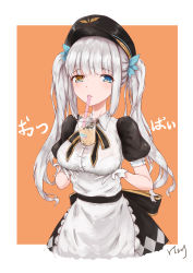Rule 34 | 1girl, absurdres, apron, breast hold, breasts, bubble tea challenge, commentary request, gloves, hair ornament, hat, heterochromia, highres, kagura mea, kagura gumi, large breasts, long hair, looking at viewer, maid apron, object on breast, orange hair, silver hair, simple background, virtual youtuber