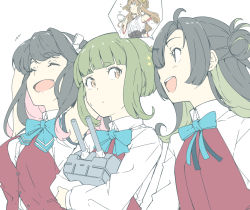 Rule 34 | 4girls, ahoge, arms up, black hair, blue neckwear, blunt bangs, bow, bowtie, breasts, brown hair, closed eyes, closed mouth, cup, detached sleeves, double bun, dress, fang, green hair, hair bun, hair ornament, hairclip, headgear, holding, holding cup, kantai collection, kongou (kancolle), kongou kai ni (kancolle), long hair, long sleeves, makinami (kancolle), multicolored hair, multiple girls, naganami (kancolle), naganami kai ni (kancolle), ninimo nimo, nontraditional miko, open mouth, pink hair, purple dress, purple vest, ribbon-trimmed sleeves, ribbon trim, shirt, short hair, sidelocks, simple background, sleeveless, sparkle, sweat, takanami (kancolle), teacup, upper body, vest, white background, white shirt