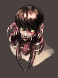 Rule 34 | 1boy, body horror, brown background, brown hair, commentary request, green eyes, highres, looking at viewer, male focus, mandibles, metamon1996, monster boy, open mouth, original, portrait, saliva, sharp teeth, short hair, simple background, solo, teeth, tentacles, tongue, tongue out