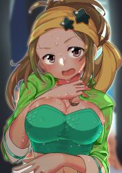 Rule 34 | 1girl, absurdres, blurry, blurry background, blush, breasts, brown hair, check commentary, collarbone, commentary, commentary request, costume, crop top, dripping, forehead, green jacket, hand on own chest, head tilt, highres, idolmaster, idolmaster cinderella girls, jacket, kurushima gire, large breasts, looking at viewer, manabe itsuki, midriff peek, nervous sweating, open clothes, open jacket, open mouth, purple eyes, sidelocks, sweat, sweaty clothes, very sweaty, wet, wet clothes, wet hair