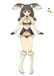 Rule 34 | 1girl, :d, animal ears, bikini, black bikini, black gloves, blush, boots, breasts, brown hair, rabbit ears, capelet, color guide, full body, fur trim, gloves, hairband, high heel boots, high heels, lagombi, looking at viewer, low twintails, medium breasts, monster hunter (series), ohta yuichi, open mouth, personification, red eyes, round teeth, simple background, smile, solo, standing, swimsuit, teeth, twintails, white background, white footwear