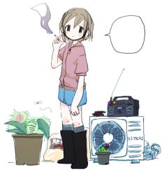 Rule 34 | 1girl, blush, boots, brown hair, bug, cigarette, fly, insect, kujira, milkman (artist), plant, radio, short hair, simple background, smoke, solo, white background