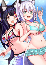 Rule 34 | 2girls, :3, :d, absurdres, animal ears, bikini, bikini under clothes, black hair, breasts, choker, fox ears, fox shadow puppet, green eyes, halterneck, highres, hololive, huge filesize, large breasts, long hair, multicolored hair, multiple girls, nootomo, ookami mio, ookami mio (hololive summer 2019), open mouth, ponytail, red hair, shirakami fubuki, shirakami fubuki (hololive summer 2019), short shorts, shorts, silver hair, smile, streaked hair, swimsuit, virtual youtuber, wolf ears, yellow eyes