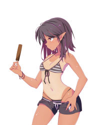 Rule 34 | 00s, 1girl, bad id, bad pixiv id, bikini, black hair, breasts, character request, clothes pull, dungeon and fighter, elf, food, gero-gh, highres, long hair, mage (dungeon and fighter), one-piece tan, pointy ears, popsicle, red eyes, short shorts, shorts, shorts pull, small breasts, solo, striped bikini, striped clothes, sweat, swimsuit, tan, tanline