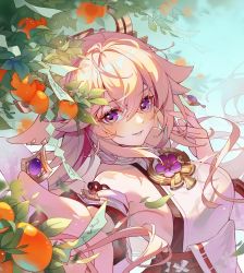 Rule 34 | 1girl, absurdres, animal ears, blush, chinese commentary, commentary, detached sleeves, earrings, fingernails, floating hair, floppy ears, food, fox ears, fruit, genshin impact, hair between eyes, hair ornament, hands up, highres, huahua deluwei, jewelry, leaf, long hair, looking at viewer, ofuda, parted lips, pink hair, purple eyes, shirt, sleeveless, sleeveless shirt, smile, solo, upper body, very long hair, white shirt, white sleeves, yae miko