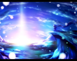 Rule 34 | 1girl, ayakashi (monkeypanch), bad id, bad pixiv id, blue theme, cirno, cirno-nee, cloud, female focus, letterboxed, outdoors, red scarf, scarf, scenery, sky, solo, touhou