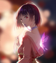 Rule 34 | 10s, 1girl, aiko (kanl), backlighting, bad id, bad pixiv id, bare shoulders, blue ribbon, blurry, bob cut, bokeh, breasts, butterfly wings, choker, chromatic aberration, depth of field, eyelashes, from side, glowing, glowing wings, holding, insect wings, japanese clothes, kimono, koutetsujou no kabaneri, long sleeves, looking at viewer, looking to the side, medium breasts, mouth hold, mumei (kabaneri), obi, off shoulder, purple hair, purple wings, red eyes, ribbon, ribbon choker, sash, shade, short hair, solo, transparent wings, untying, upper body, wings